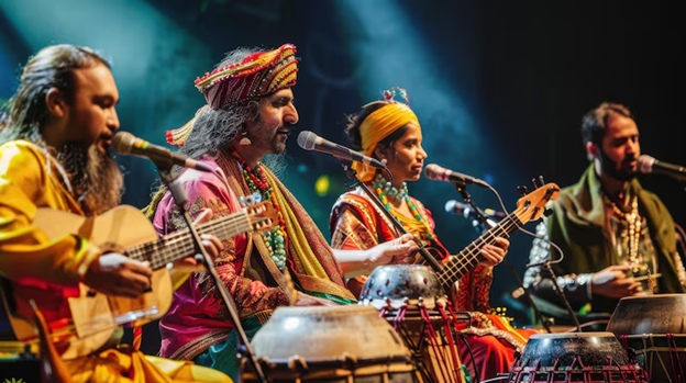 Group of Indian folk musicians performing on stage with traditional instruments like tabla and string instruments, dressed in colorful ethnic attire.