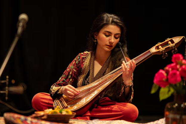 Young Indian woman in traditional attire sitting on stage and playing a veena instrument with focus and concentration.