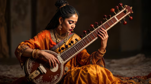 Woman dressed in traditional Indian clothing sitting on the floor and playing a sitar with concentration in a classical music setting.